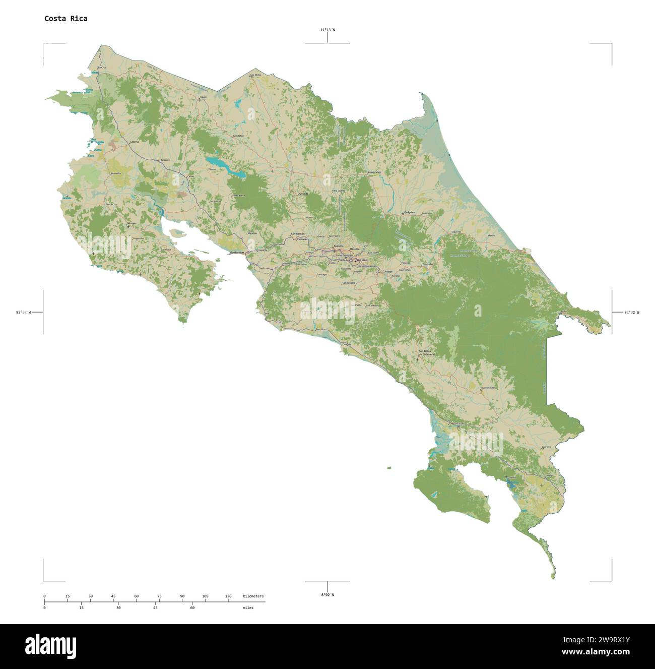 Forme d'une carte topographique, de style OSM humanitaire du Costa Rica, avec échelle de distance et coordonnées de la frontière de la carte, isolée sur blanc Banque D'Images