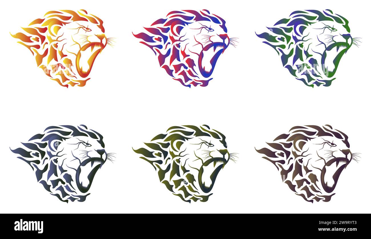 Ensemble de logos colorés de tête de lion de feu. le lion ouvrit la bouche. Illustration de Vecteur