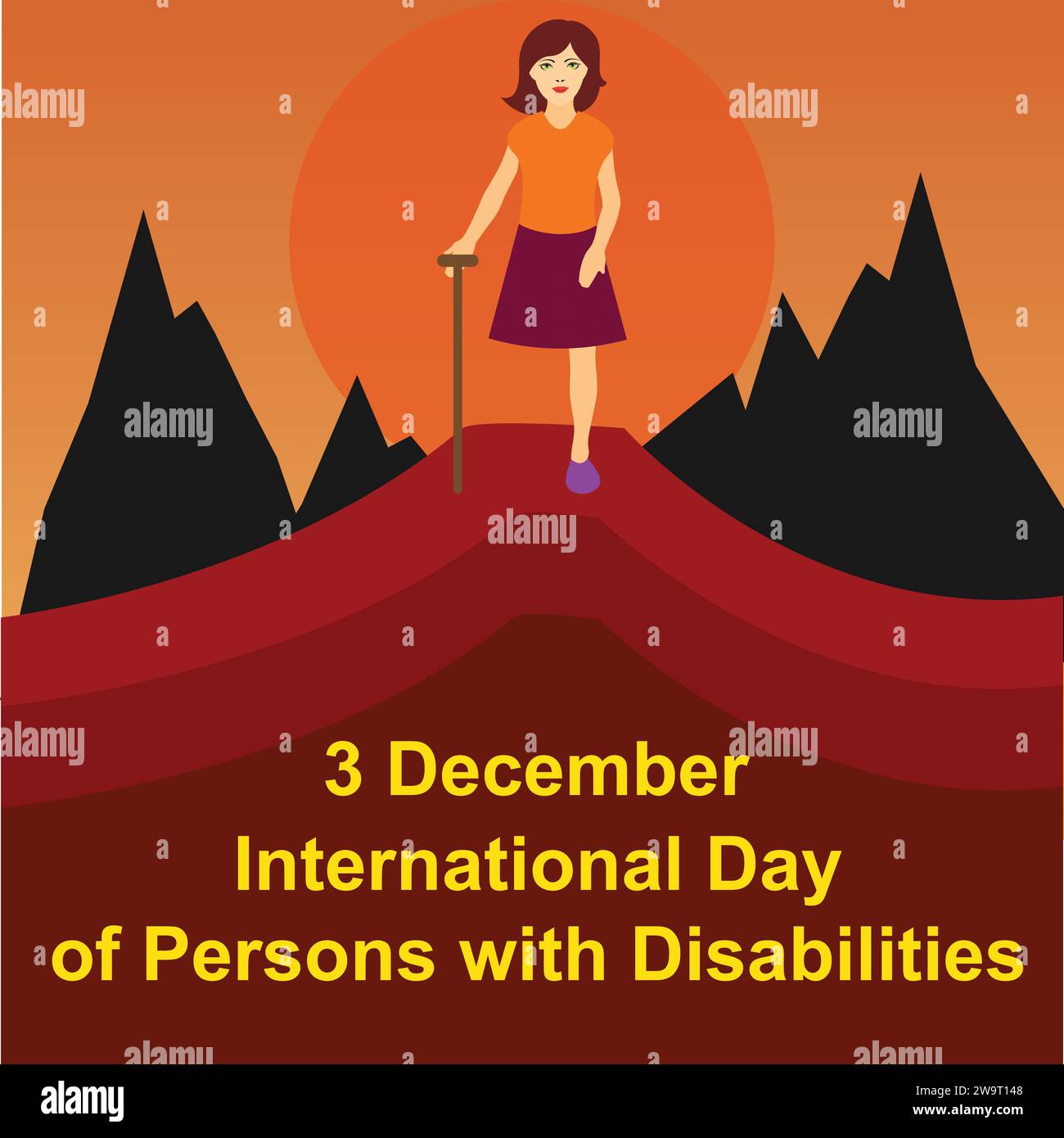 Bannière de la Journée mondiale du handicap avec texte et une femme handicapée dans un paysage de montagne Illustration de Vecteur