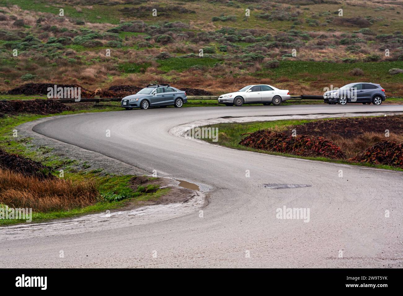 Trois voitures garées au bord d'une route sinueuse sur la côte nord de la Californie par un temps couvert gris Banque D'Images