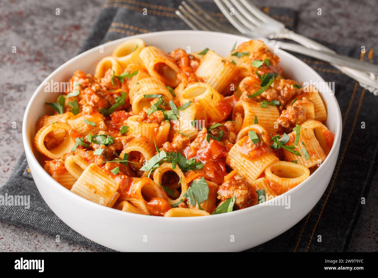 Délicieux pâtes maison mezze maniche avec viande tomate sauce bolognaise closeup sur l'assiette sur la table. Horizontal Banque D'Images