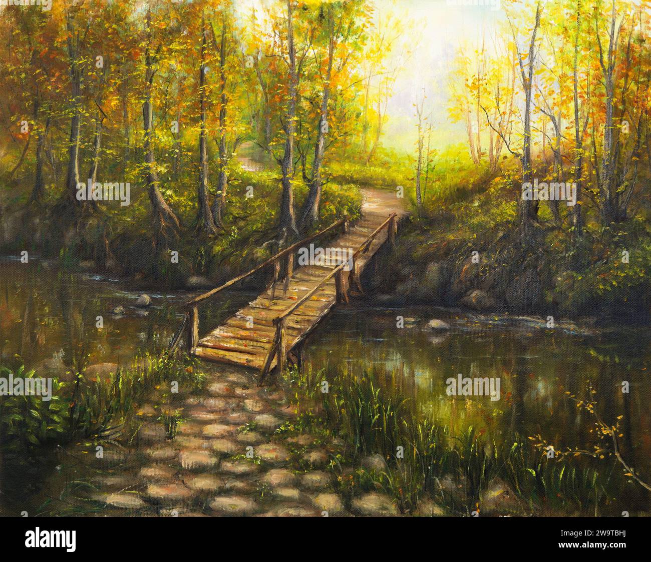 Peinture à l'huile originale de beautifl paysage d'automne, forêt, montagnes et rivière avec pont en bois sur canvas.Modern Impressionnisme, modernisme, marinis Banque D'Images