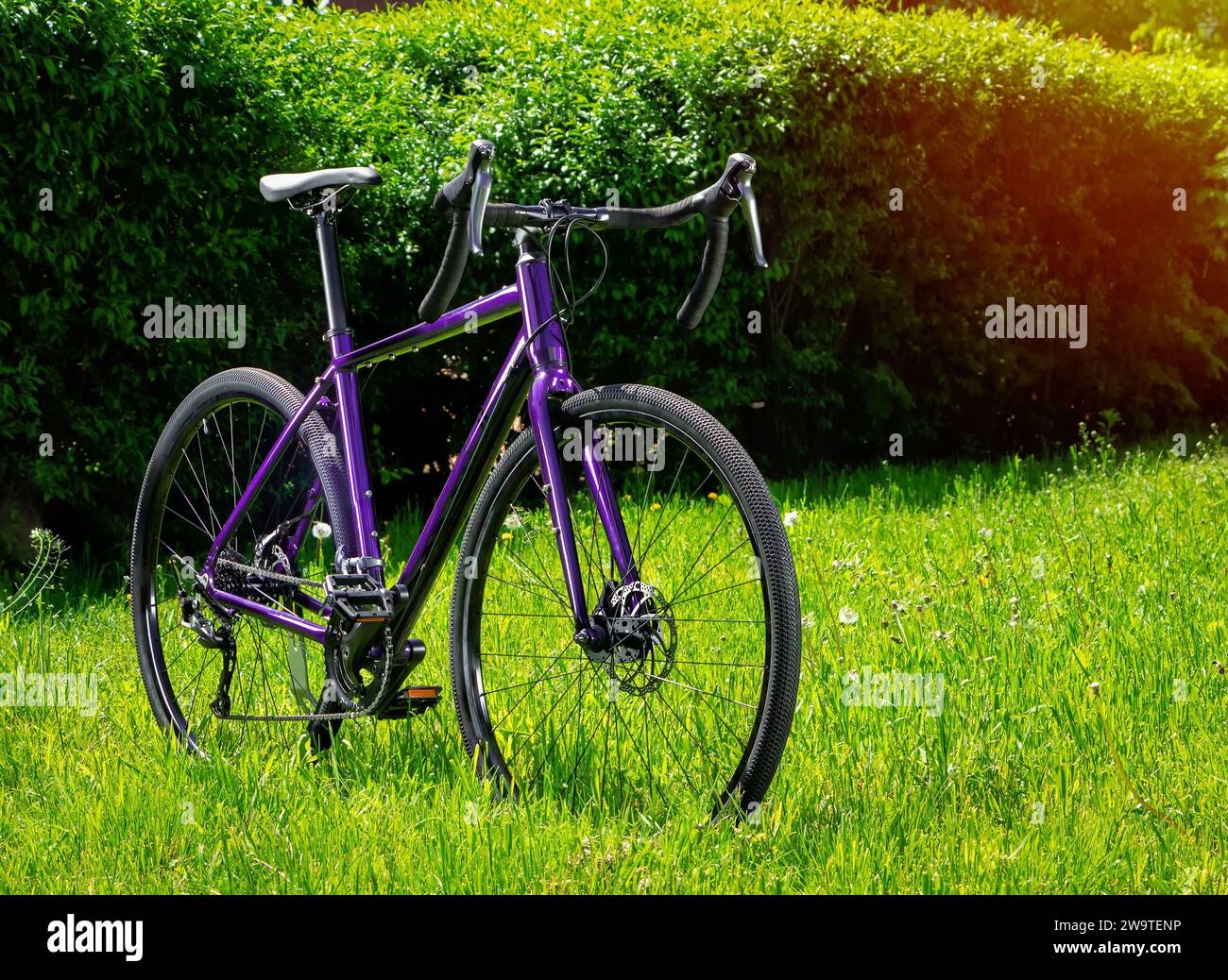 Vélo de gravier sur l'herbe verte dans le parc. Gros plan pour bicyclette. Banque D'Images