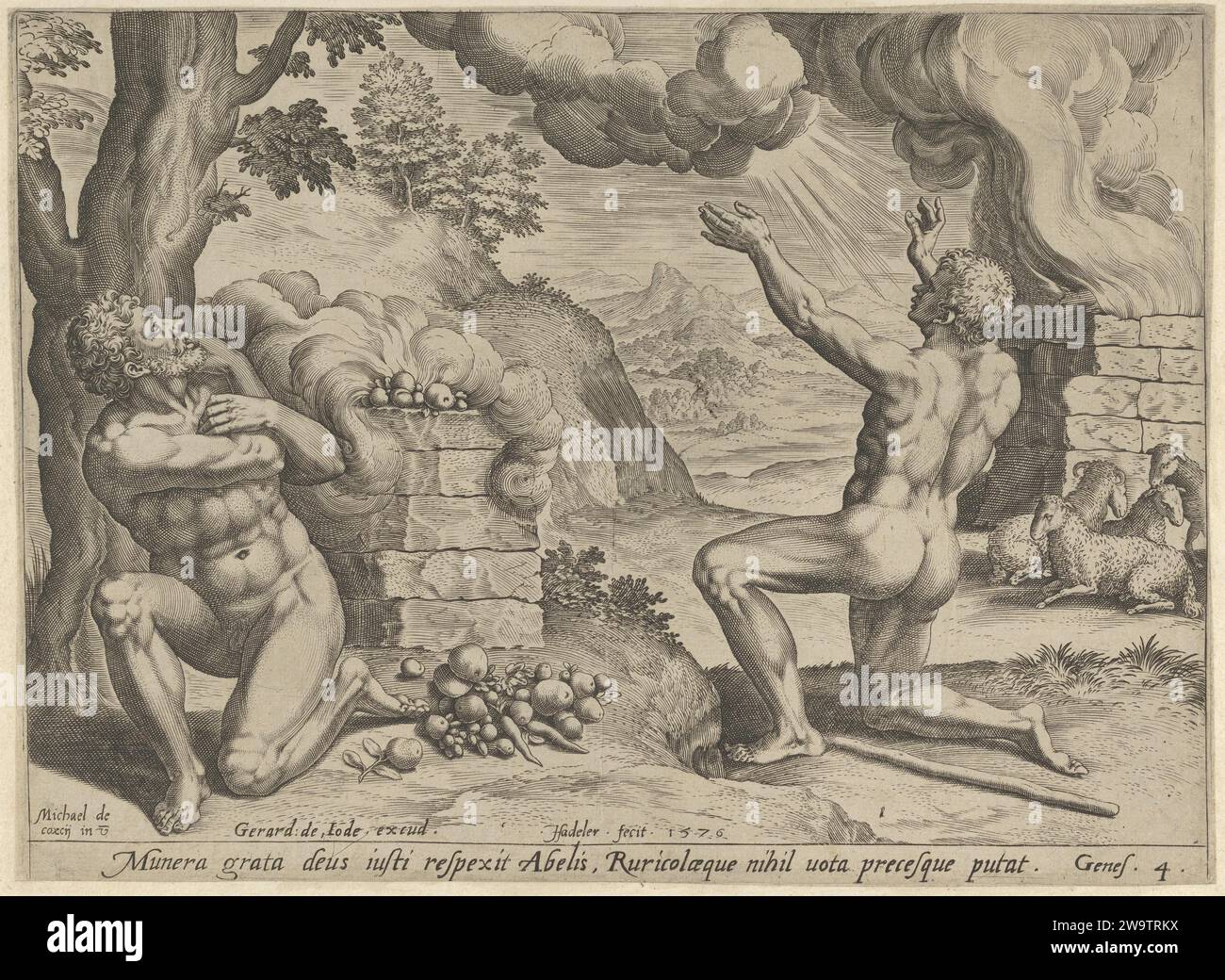 Le sacrifice d'Abel (planche 1 de l'histoire de Caïn et Abel) 1953 par Gérard de Jode Banque D'Images