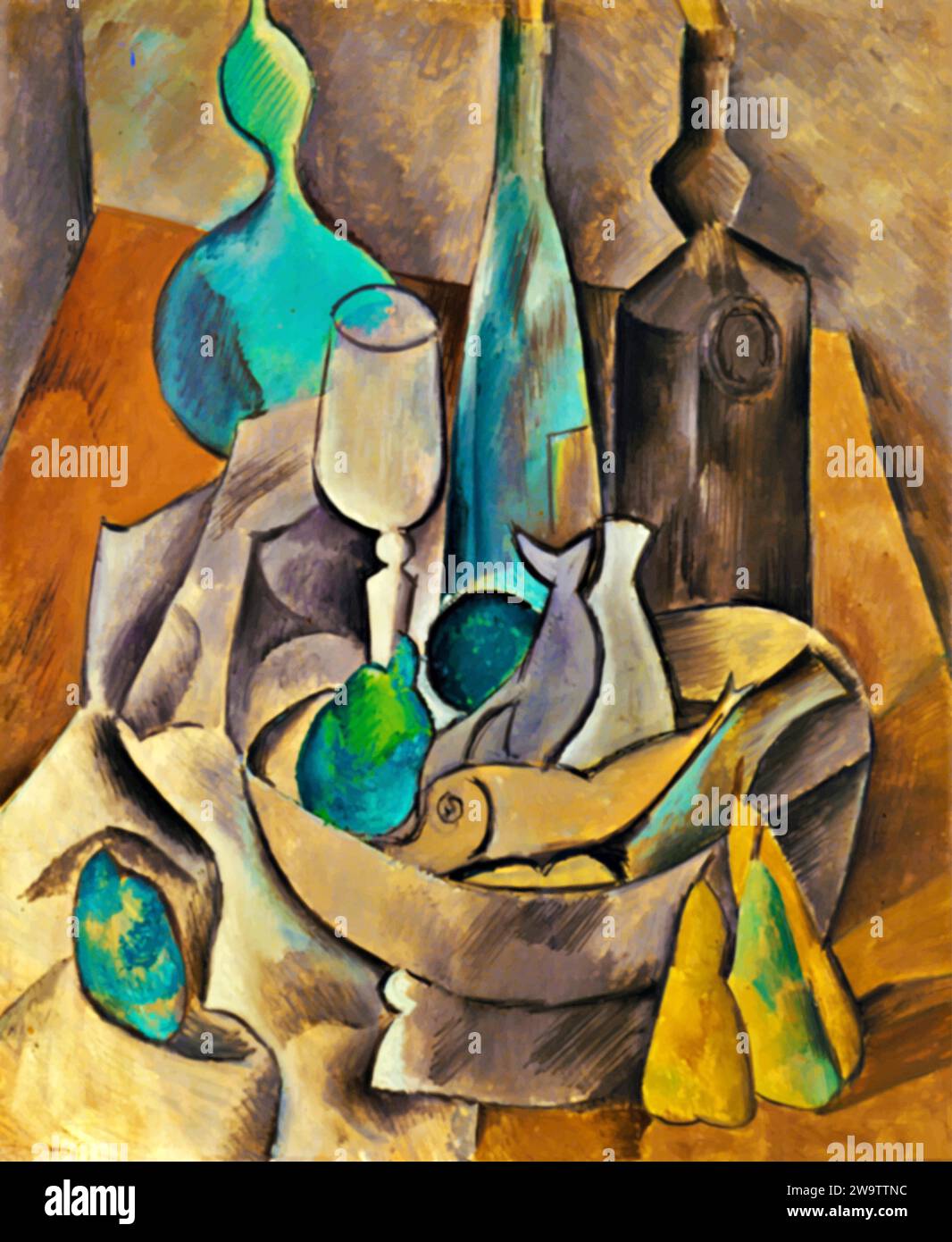 Poisson et bouteilles, 1909 (peinture) de l'artiste Picasso, Pablo (1881-1973) / Espagnol. Illustration de Vecteur