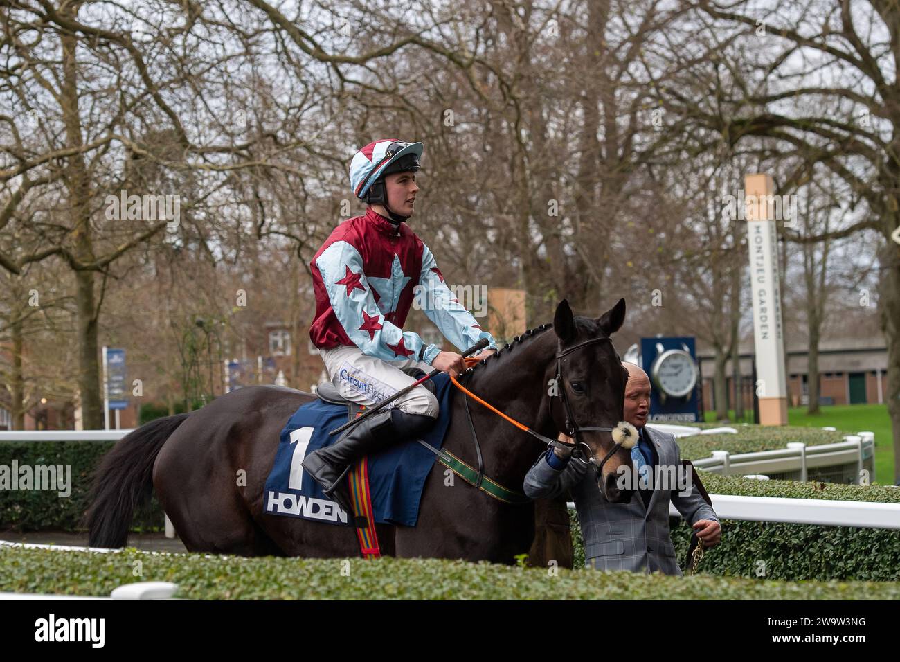 Ascot, Royaume-Uni. 23 décembre 2023. Horse El Barra monté par le jockey Charlie O'Dwyer se dirige vers l'hippodrome pour monter dans le Howden handicap Steeple Chase à l'hippodrome d'Ascot lors du meeting Howden Christmas Racing Weekend. Propriétaire Hugo & Anne Kane. Entraîneur Conor O'Dwyer, Irlande. Crédit : Maureen McLean/Alamy Banque D'Images