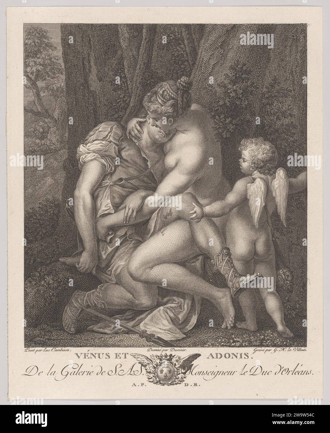 Vénus pleurant Adonis, assise sous un arbre et l'embrassant, avec Cupidon à droite 1942 par Luca Cambiaso Banque D'Images