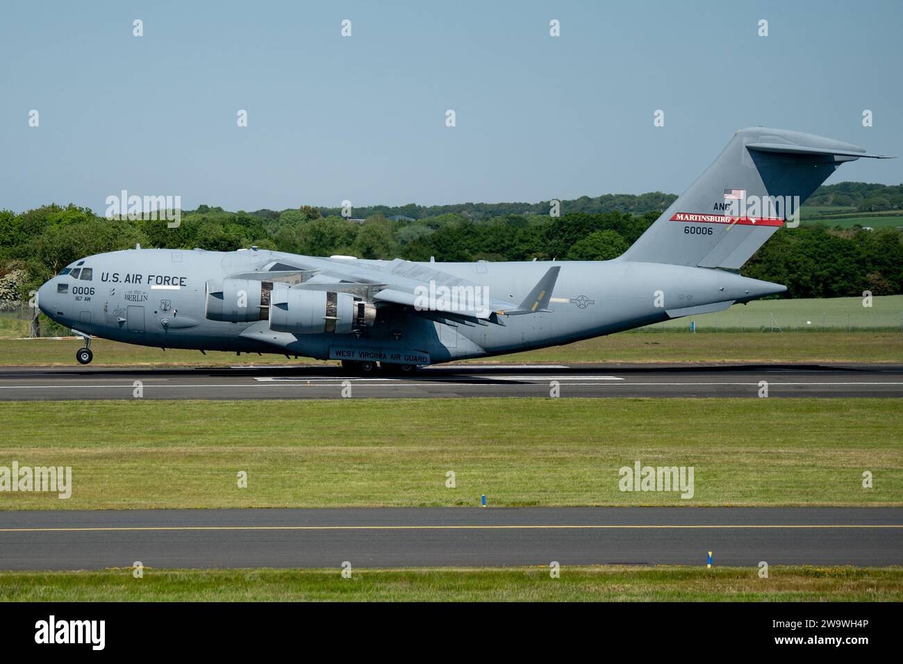 United States Air Force McDonnell Douglas C-17a Globemaster III 96-0006 atterrissage à l'aéroport Glasgow-Prestwick, Écosse, Royaume-Uni Banque D'Images