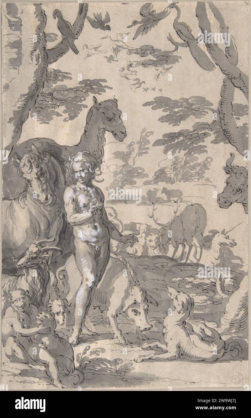 Adam dans le jardin d'Eden, nommer les animaux 2003 par Joachim Wtewael Banque D'Images