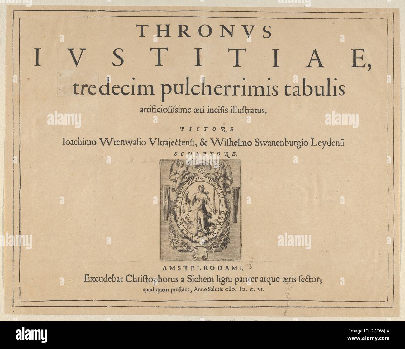 Page de titre typographique avec vignette représentant la figure allégorique de la justice, tirée de Thronus justitiae, tredecim pulcherrimus tabulis... 1956 de Joachim Wtewael Banque D'Images