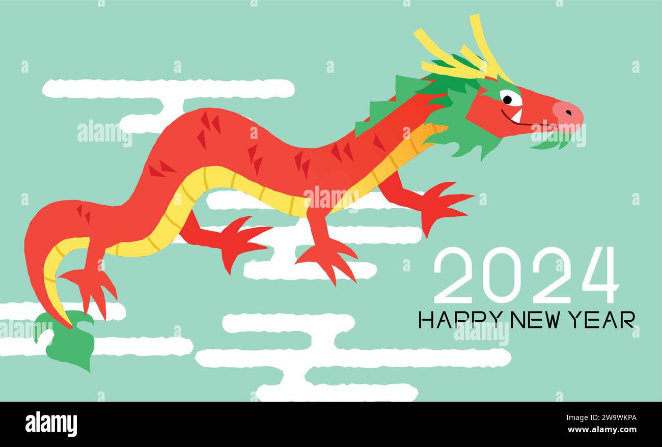 Dragon asiatique volant drôle carte de voeux 2024. Bonne carte de vecteur lunaire du nouvel an 2024. Carte de voeux année du dragon avec motif de nuages orientaux. Illustration de Vecteur
