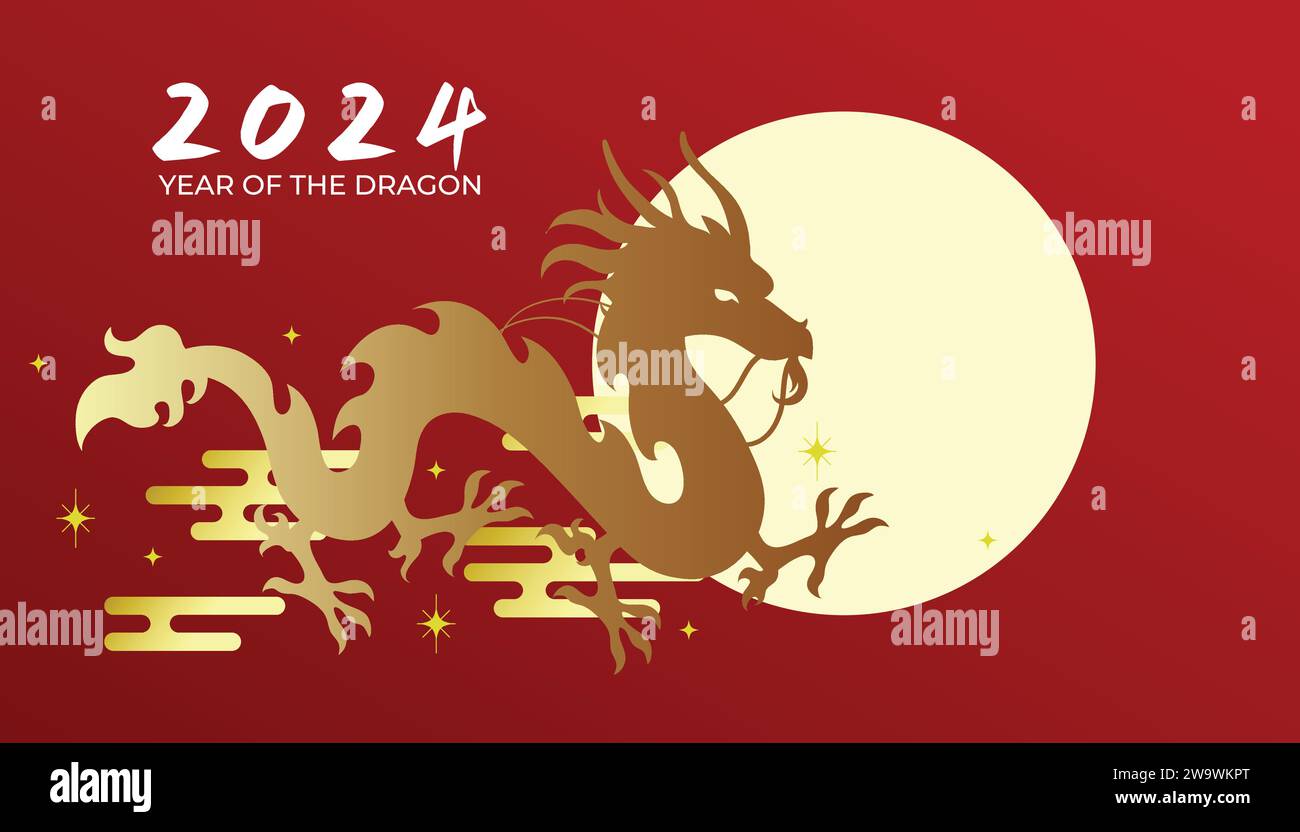 Silhouette de dragon chinois avec des nuages sur le ciel de lune. Célébration du nouvel an lunaire 2024. Illustration de Vecteur