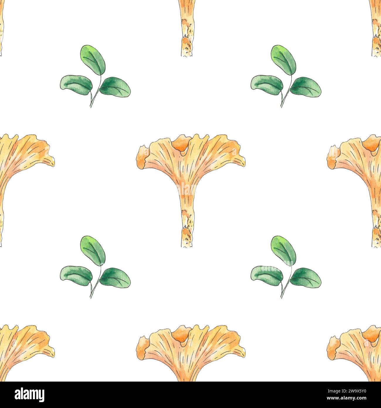 Chanterelle de champignon à motif aquarelle sans couture, feuilles dessinées à la main dans un style botanique. Illustration d'art pour la création de logos, textiles, cartes, menus Banque D'Images