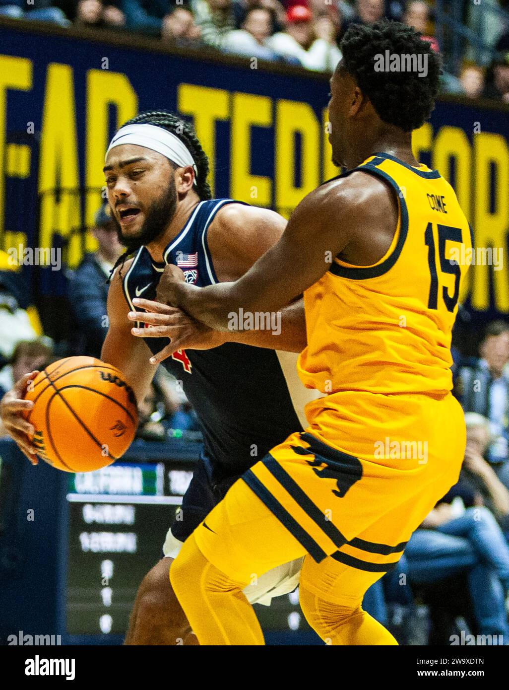 Haas Pavilion Berkeley Calif, États-Unis. 29 décembre 2023. CA U.S.A. le gardien de l'Arizona Kylan Boswell (4) se dirige vers le cerceau pendant le match de basket-ball masculin de la NCAA entre les Arizona Wildcats et les California Golden Bears. Arizona a battu la California100-81 au Haas Pavilion Berkeley Calif. Thurman James/CSM/Alamy Live News Banque D'Images