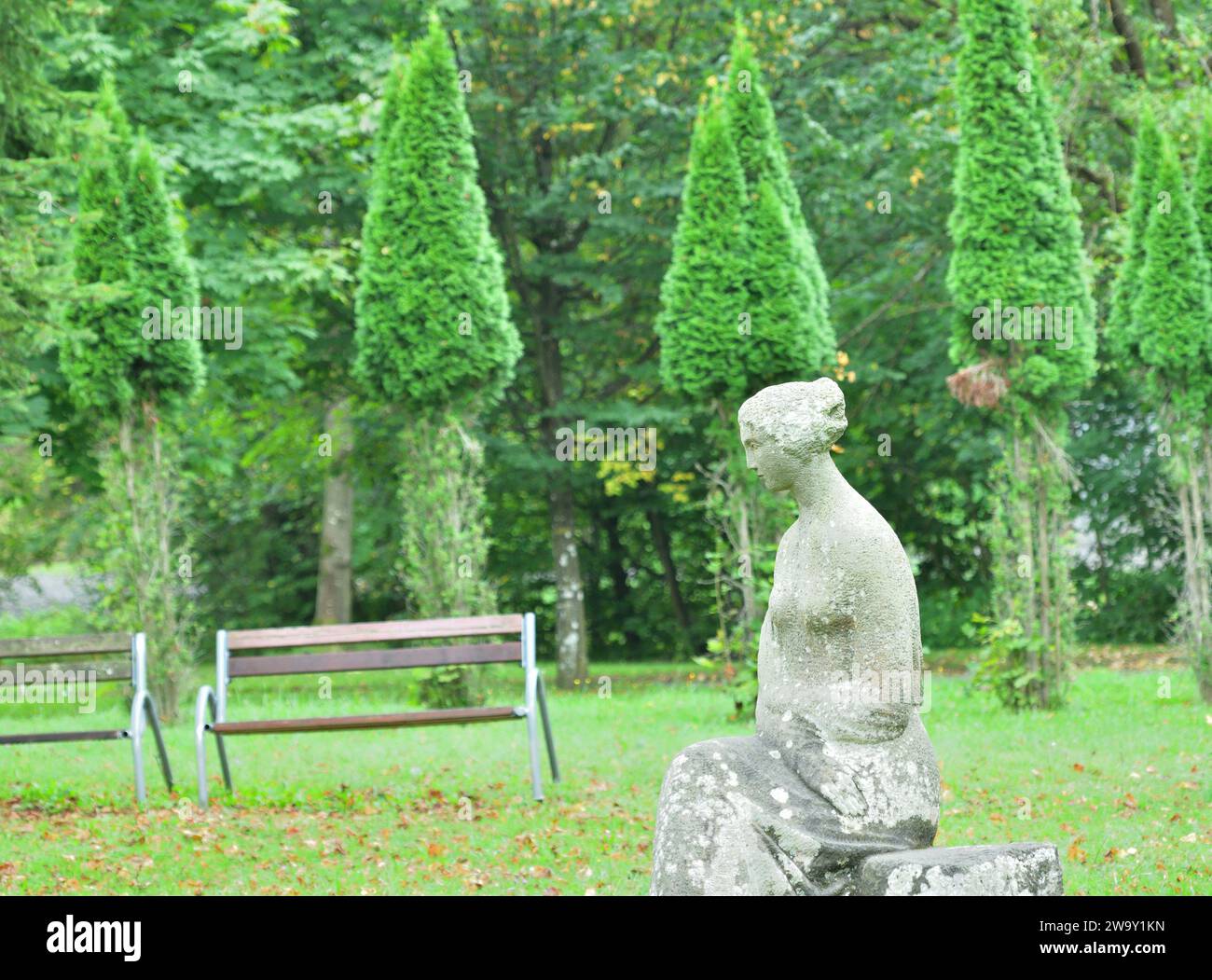 Détail de la tête d'une sculpture décorative en pierre dans un parc de jardin Banque D'Images