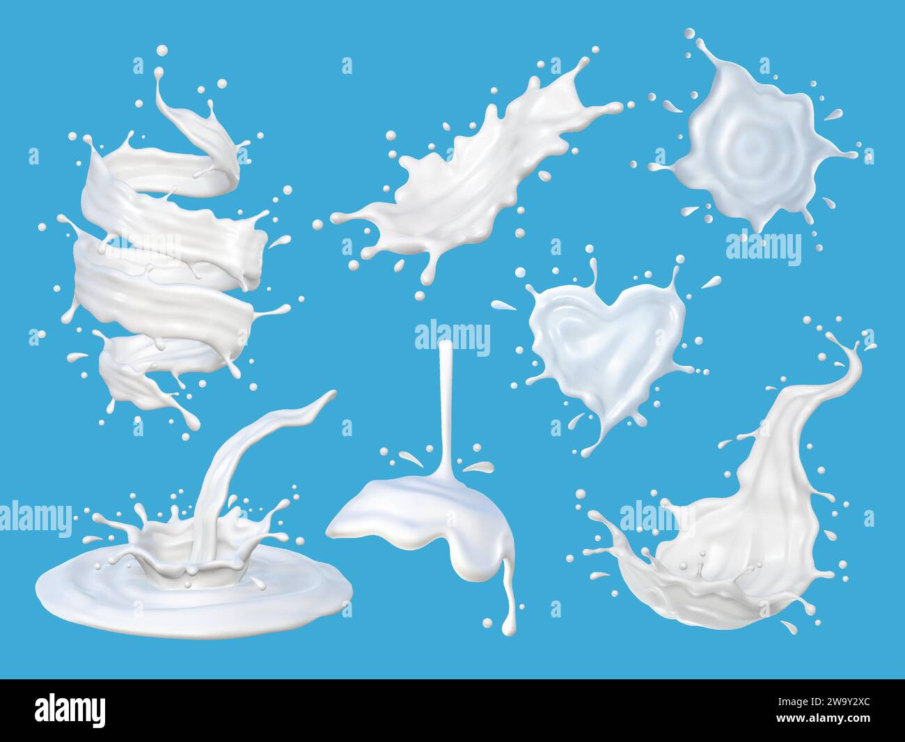 Ensemble d'éclaboussures de lait blanc et gouttes sur le vecteur de fond bleu Illustration de Vecteur
