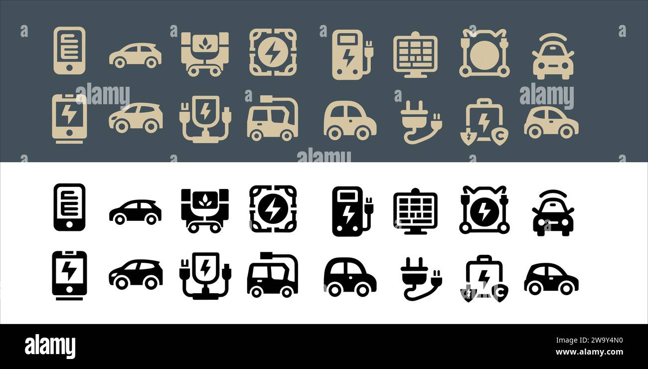 Véhicule électrique vectoriel. jeu d'icônes de voiture avec station de charge et batterie Illustration de Vecteur