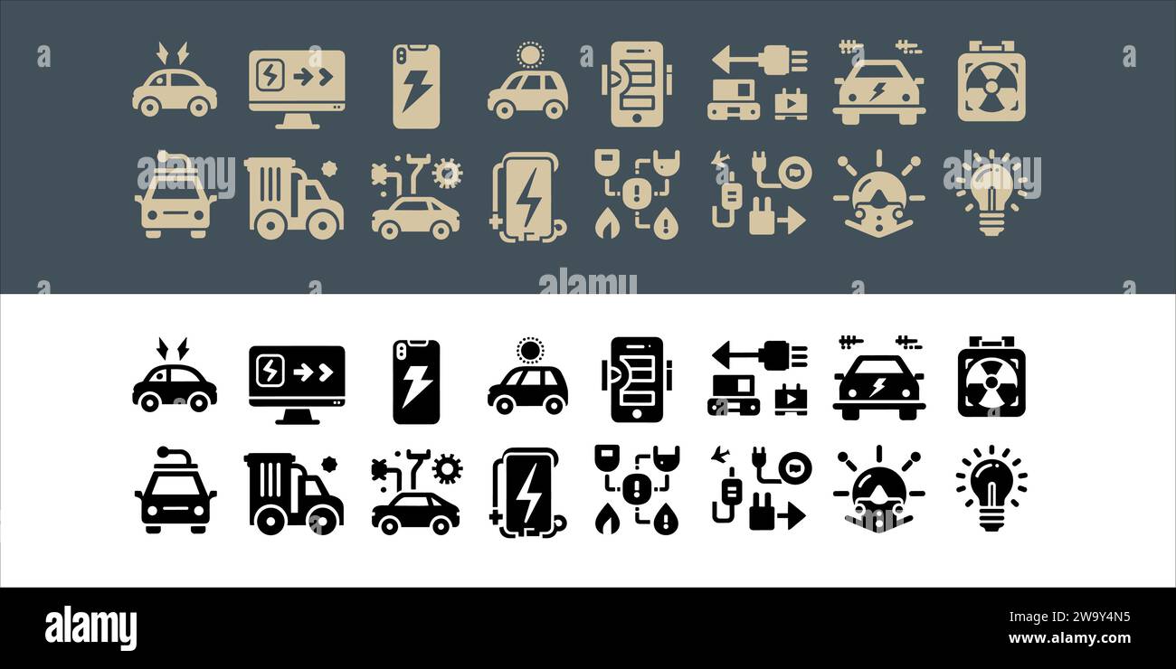 Véhicule électrique vectoriel. jeu d'icônes de voiture avec station de charge et batterie Illustration de Vecteur