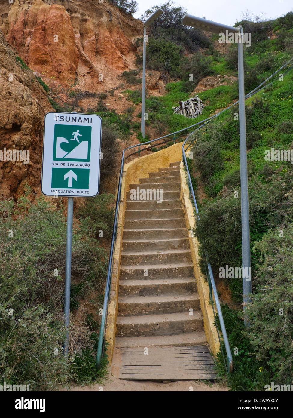 Panneau tsunami à côté d'un escalier menant à une plage avec quelques lampadaires et une végétation basse. Banque D'Images