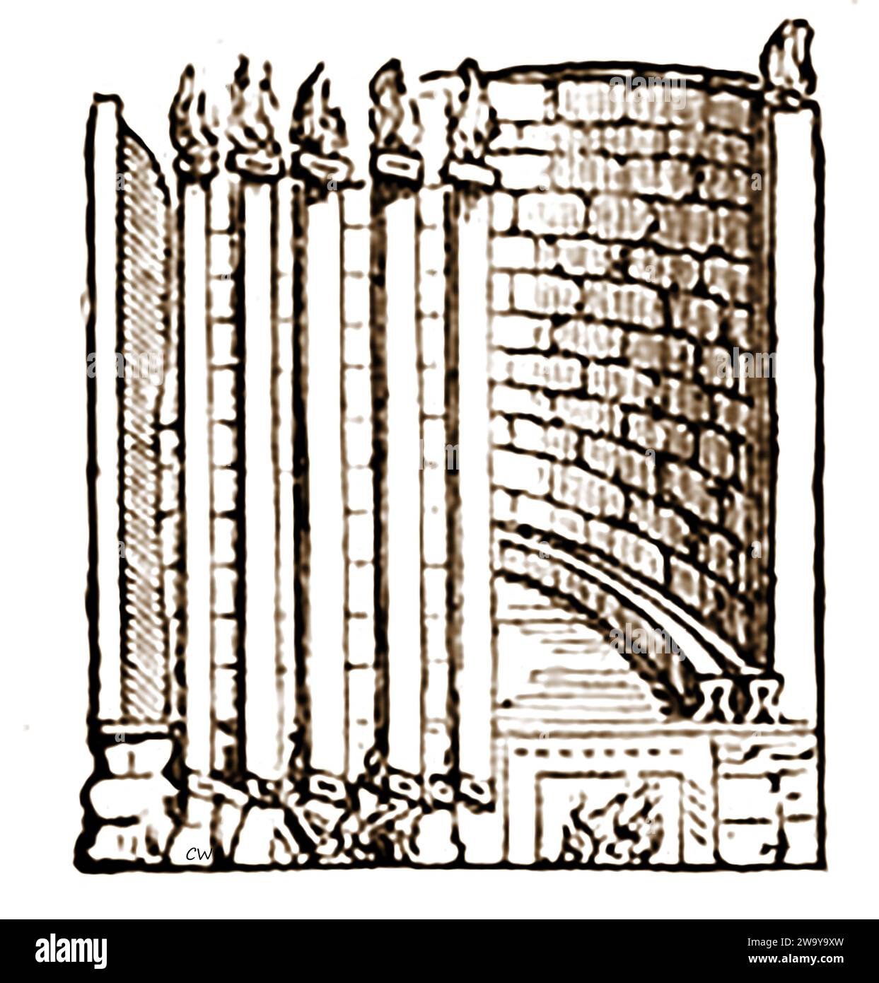 Gravure ancienne d'un dessin d'un Praefurnium romain, four pour chauffer un hyypercaust, l'illustration a été découverte sur un mur de l'église Sainte Cecelia, Rome - un'antica incisione di un disegno di un Praefurnium romano, una fornace per riscaldare un ipercausto, l'illustrazione è stata scoperta su un muro della chiesa di Santa Cecilia, a Roma - Banque D'Images