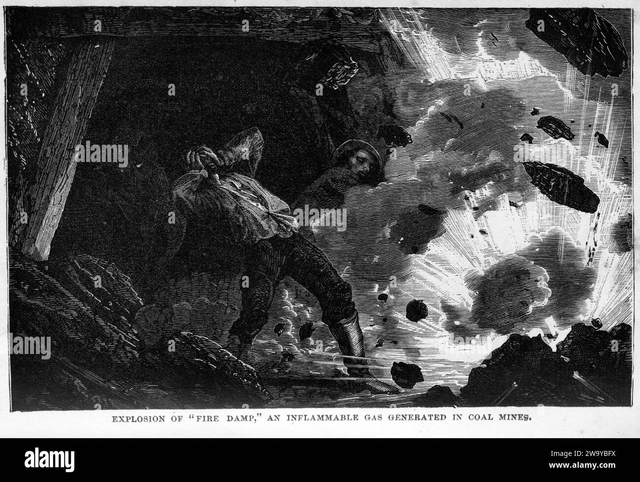 Gravure d'une explosion d'humidité de feu dans une mine de charbon, du monde souterrain, vers 1878 Banque D'Images