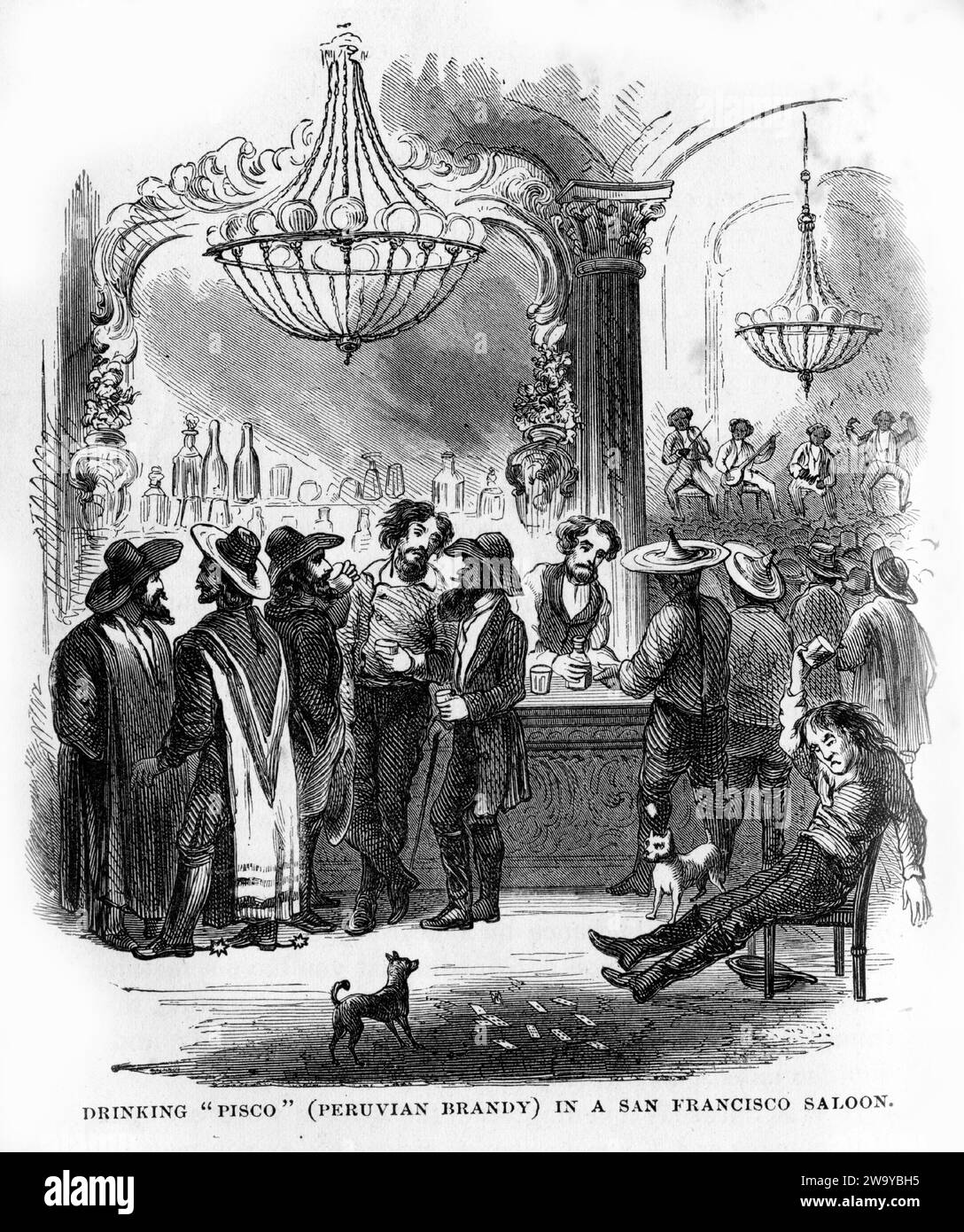 Gravure de mineurs d'or gaspillant leurs revenus en brandy dans un saloon à San Francisco, du monde souterrain, vers 1878 Banque D'Images