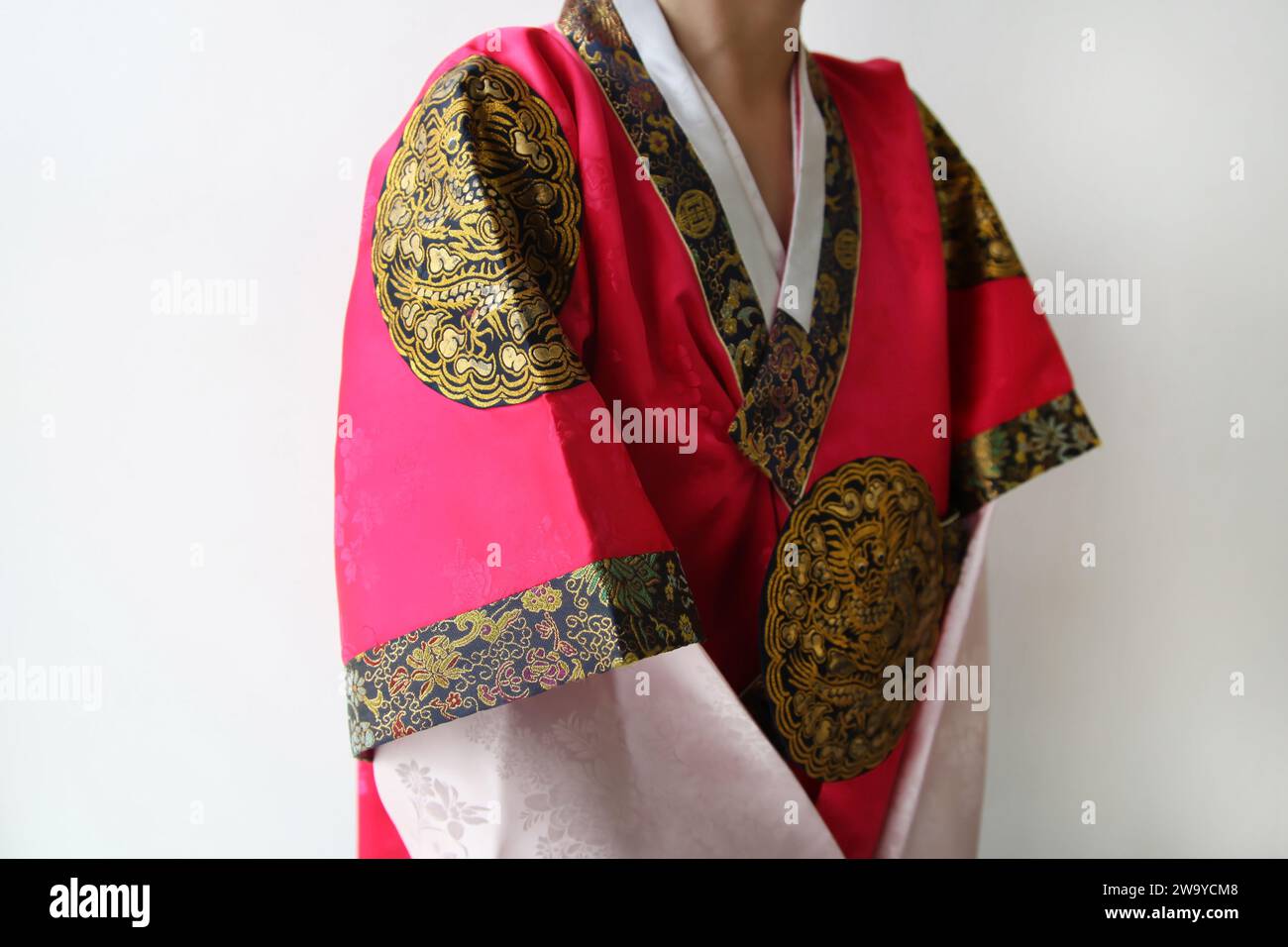 Hanbok royal coréen traditionnel pour homme avec motif dragon. Le motif dragon a été utilisé sur les vêtements du roi Sejong. Banque D'Images