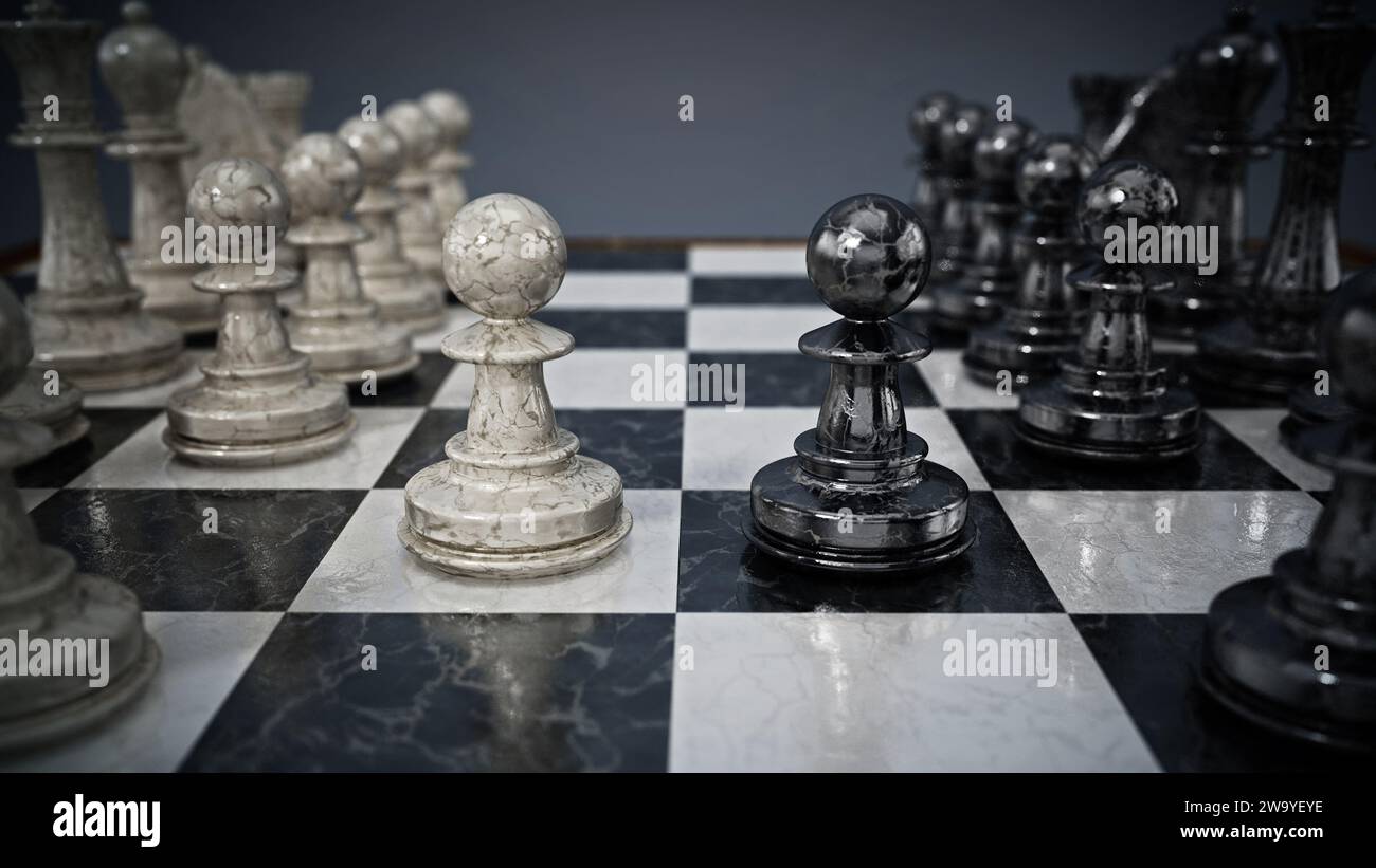 Planche à chessboard avec pions noirs et blancs face l'une à l'autre. Illustration tridimensionnelle. Banque D'Images