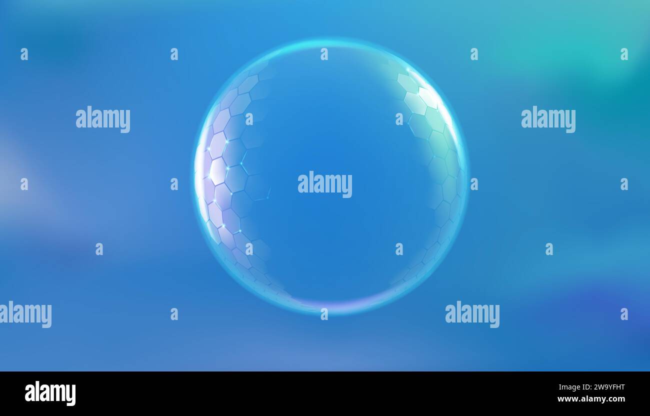 Protéger la sphère. Peau de protection contre la lumière avec effet de barrière UV. Champ de force hexagonal solaire 3D ou couche de soins médicaux. Dôme circulaire brillant dans le ciel. Bulle volante. Ballon transparent scintillant. Arrière-plan vectoriel Illustration de Vecteur