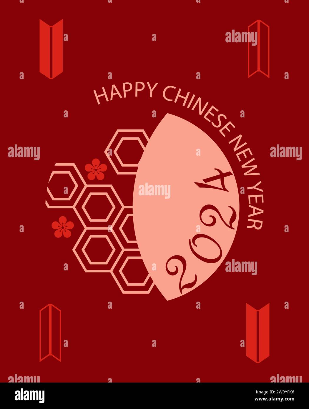 Nouvel an chinois 2024. Carte de voeux. Fête asiatique. Symbole lunaire. Événement oriental festif. Fleur de Sakura. Icônes de cercle et d'hexagone. Festival de Pékin. Conception de carte postale rouge traditionnelle de vecteur Illustration de Vecteur