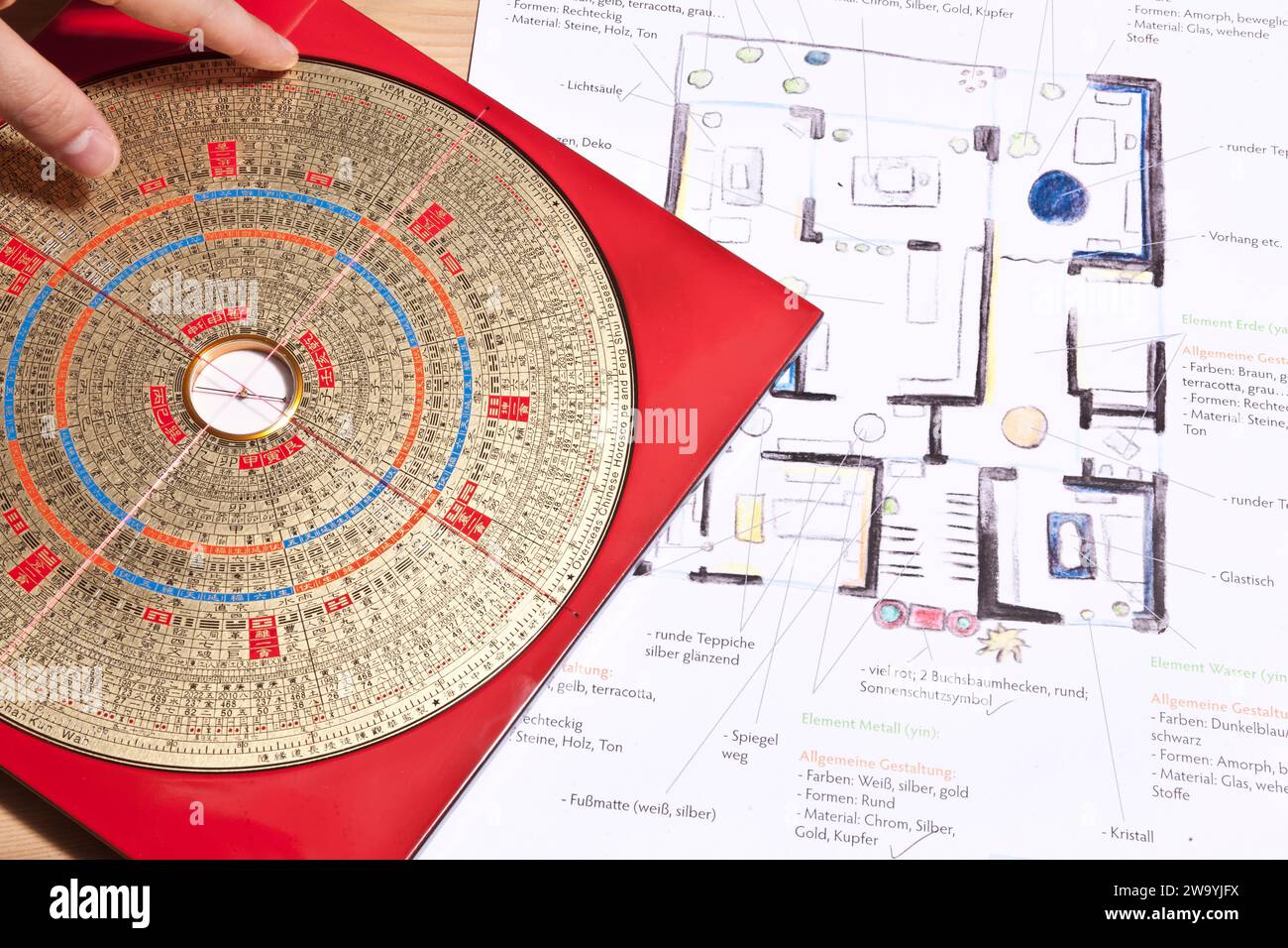 une boussole feng shui posée sur le plan d'un appartement Banque D'Images