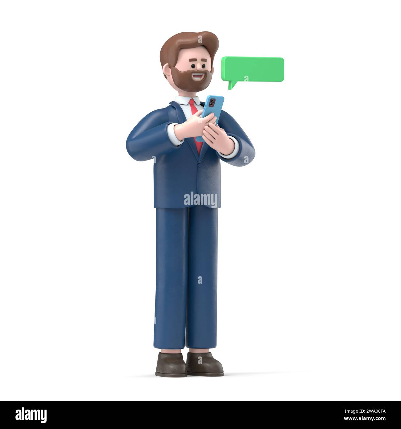 Illustration 3D de Cartoon caractère 3d avec téléphone. Social media concept.3D rendu sur fond blanc. Banque D'Images