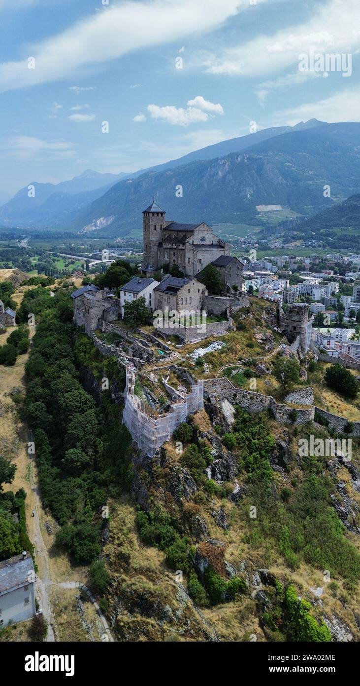 Drone photo Basilique Valère Sion Suisse Europe Banque D'Images