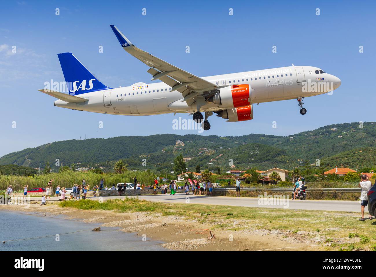 Skiathos, Grèce - 24 août 2023 : l'A320 SAS approche de l'aéroport de Skiathos Banque D'Images