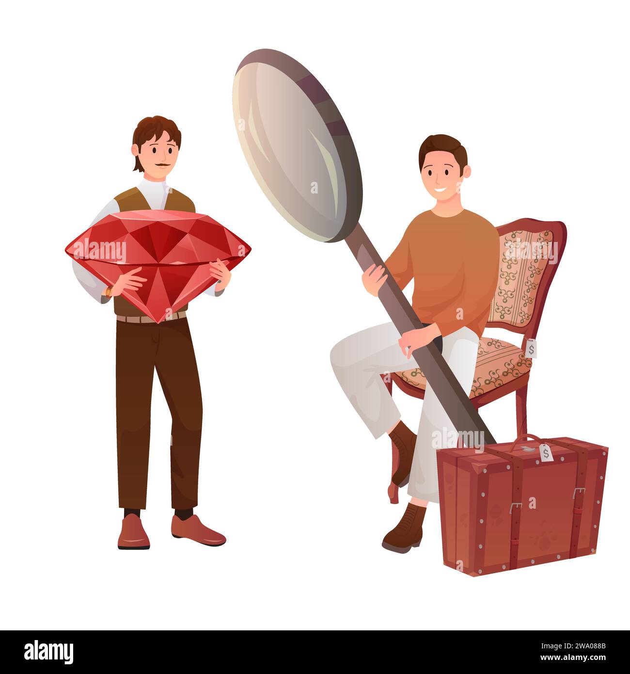 Pawnshop service, vente d'antiquités. Les petites personnes détenant la pierre précieuse et la loupe pour estimer la valeur des bijoux, acheter et vendre de vieux articles rétro en magasin de prêteur sur gage, illustration vectorielle de dessin animé Illustration de Vecteur