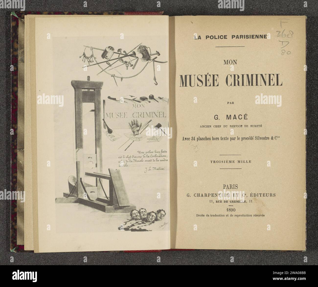 My Criminal Museum, livre de 1890 Paris Cardboard. papier. maroc (cuir) collotype / impression / papier marbré agate / papier marbré espagnol Banque D'Images