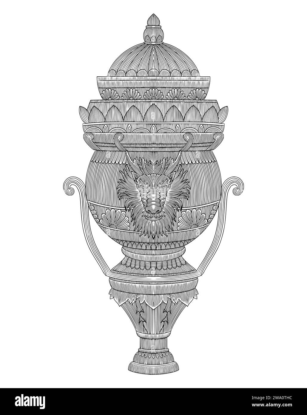 vase ancien avec tête de dragon et décoration de fleur, illustration de style dessin de gravure vintage Illustration de Vecteur