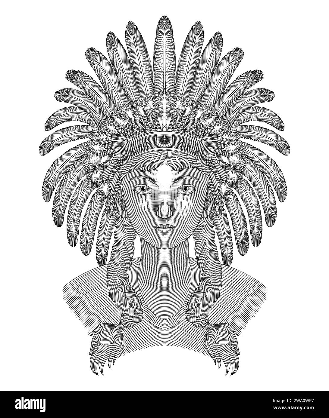 Fille avec coiffe traditionnelle indienne, femme amérindienne. Style de dessin engravig vintage Illustration de Vecteur
