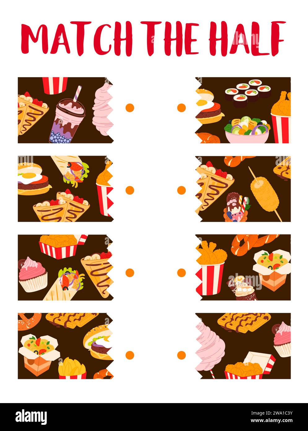 Faites correspondre la moitié de la feuille de travail du jeu de quiz de restauration rapide, desserts et boissons. Puzzle vectoriel avec Burger de junk de bande dessinée, frites, nuggets de poulet et jambes, nouilles de wok, shawarma, salade, crème glacée et cupcake Illustration de Vecteur