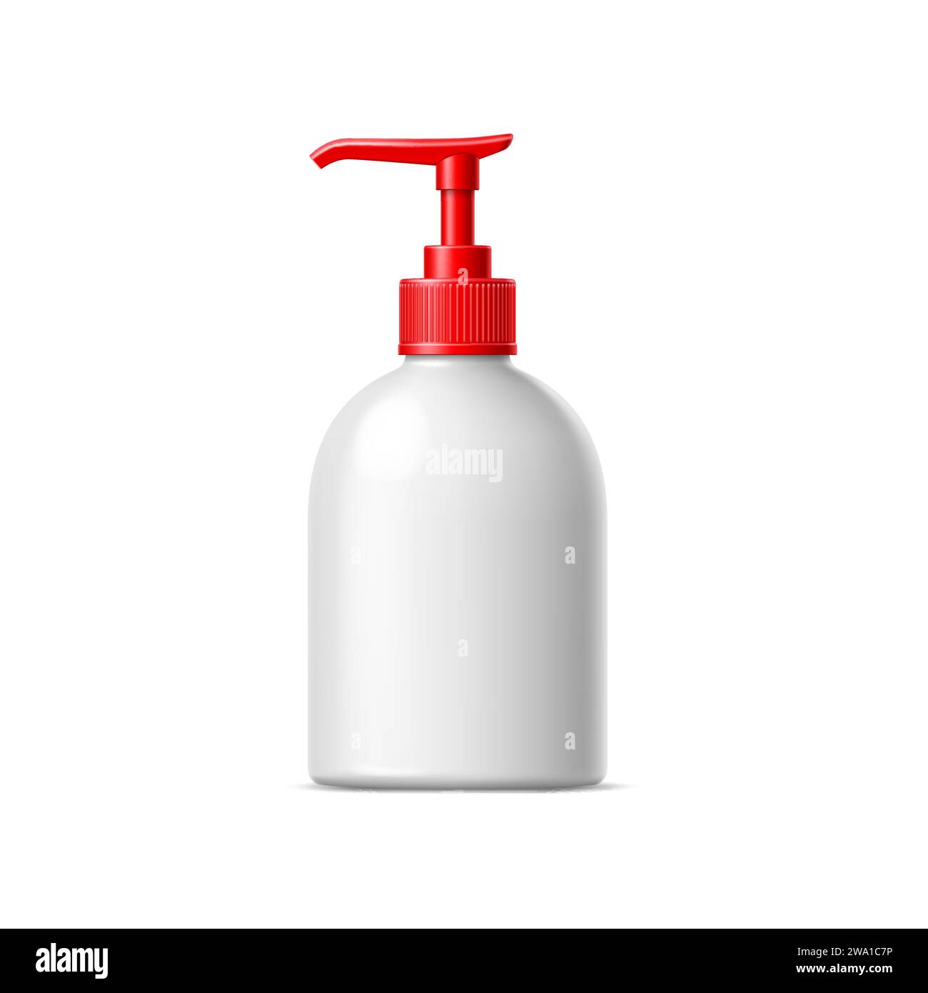 Maquette réaliste de paquet de nettoyant, bouteille de savon liquide et récipient de détergent. Pack de pompe vecteur 3D isolé avec couvercle rouge et buse mettant en valeur son design moderne et sa fonctionnalité pour le conditionnement de liquides Illustration de Vecteur