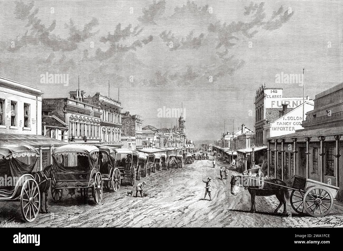 Swanston Street, Melbourne. Victoria, Australie. Six mois en Australie 1878 par Desire Charnay (1828 - 1915) gravure ancienne du 19e siècle du Tour du monde 1880 Banque D'Images