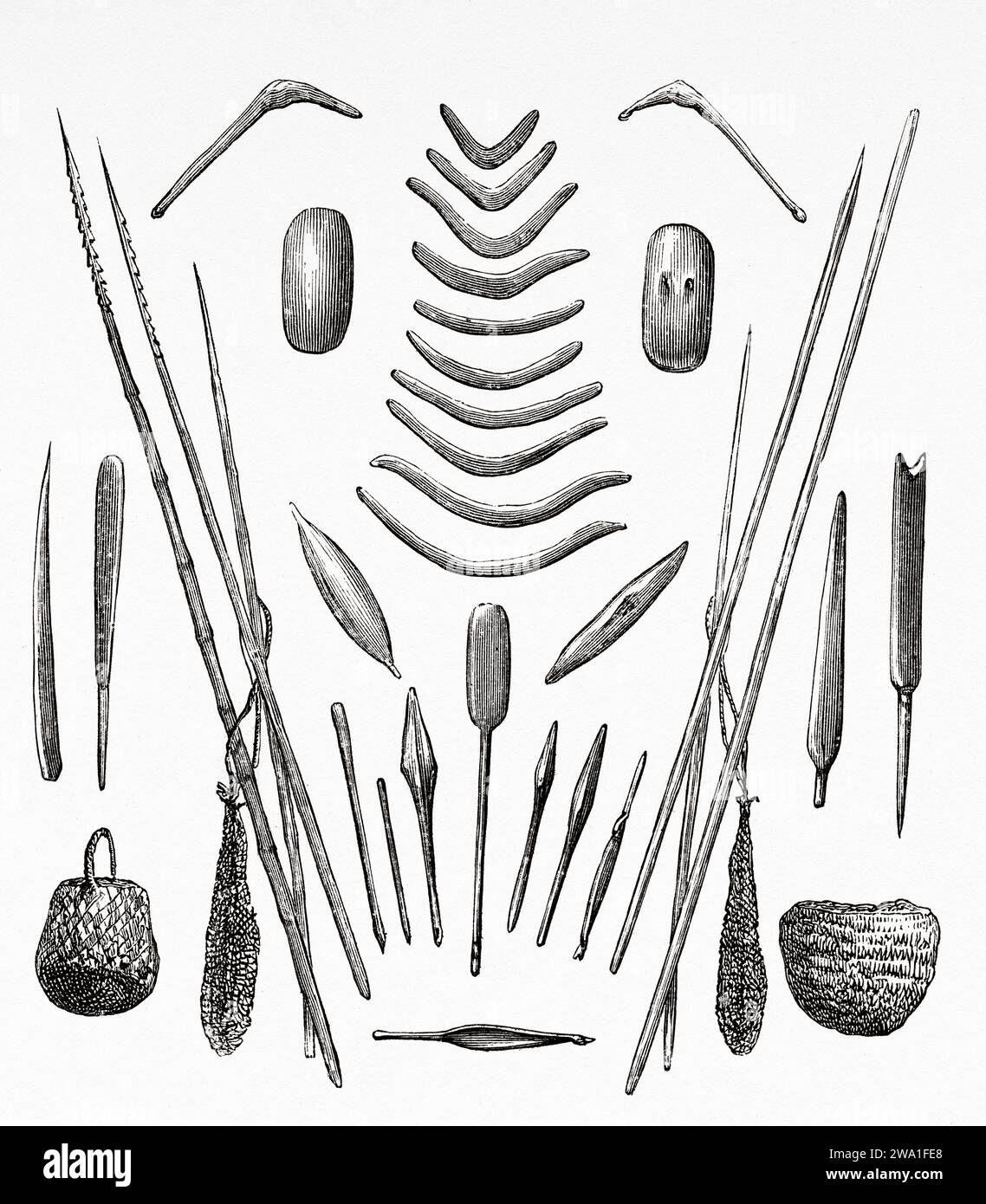 Armes et ustensiles des aborigènes australiens. Victoria, Australie. Six mois en Australie 1878 par Desire Charnay (1828 - 1915) gravure ancienne du 19e siècle du Tour du monde 1880 Banque D'Images