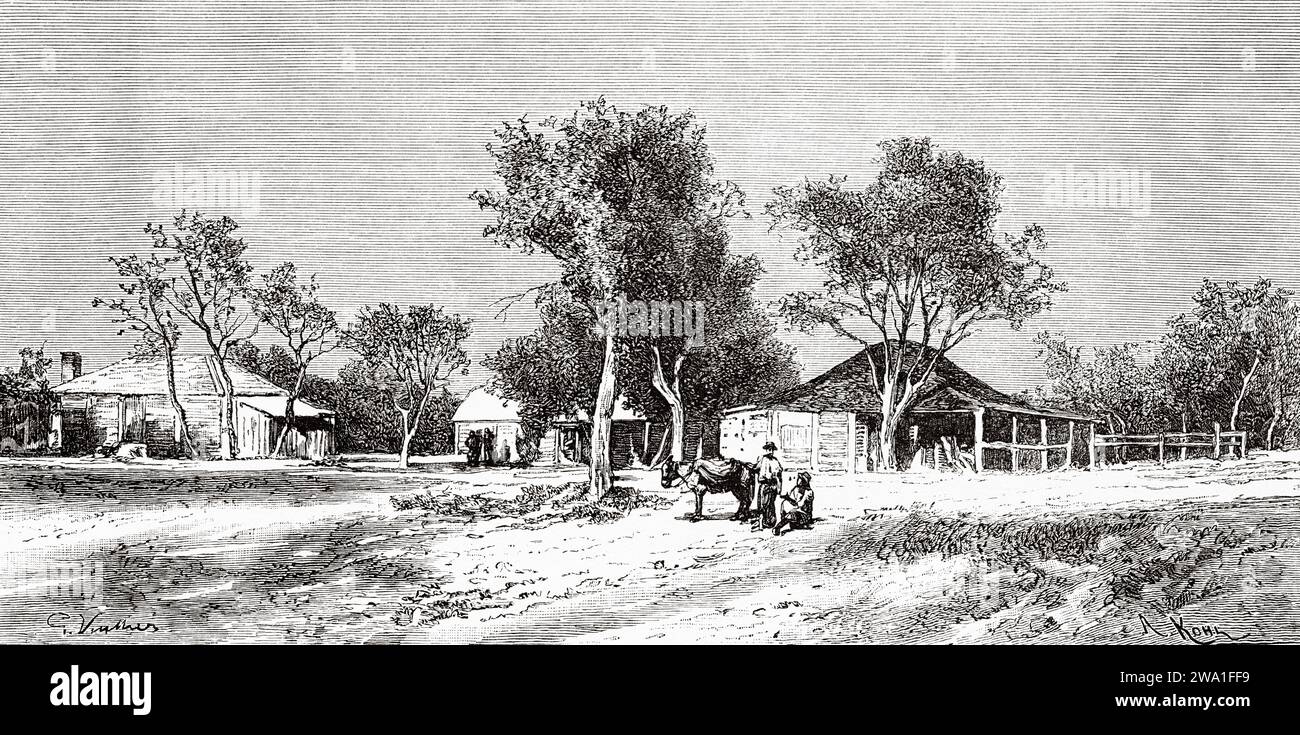 Station de squatters sur les Darling Downs, Nouvelle-Galles du Sud, Australie. Six mois en Australie 1878 par Desire Charnay (1828 - 1915) gravure ancienne du 19e siècle du Tour du monde 1880 Banque D'Images
