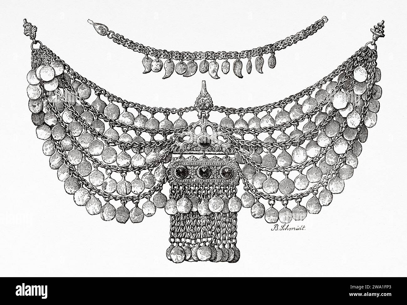 Collier traditionnel typique des femmes druzes du Liban. Voyage en Syrie 1875-1878 de Charles Louis Lortet (1836 - 1909) gravure ancienne du 19e siècle du Tour du monde 1880 Banque D'Images