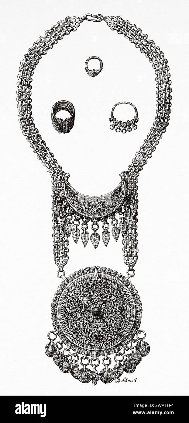 Collier traditionnel typique et anneaux des femmes druzes du Liban. Voyage en Syrie 1875-1878 de Charles Louis Lortet (1836 - 1909) gravure ancienne du 19e siècle du Tour du monde 1880 Banque D'Images