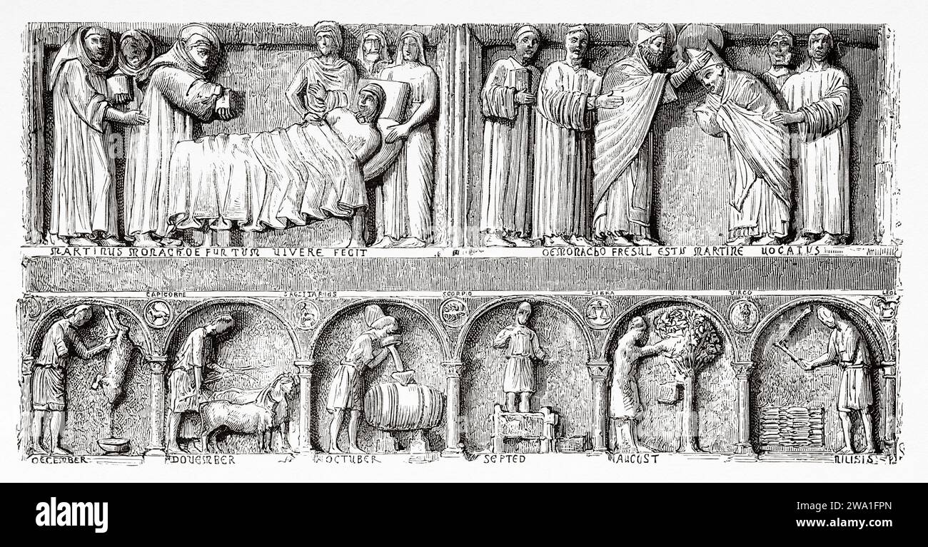 Bas-relief à droite de la porte principale du Duomo di San Martino. Cathédrale Saint-Martin, Lucques. Toscane, Italie centrale. Europe. Petites villes et grand art en Toscane par Henri Belle (1837-1890) gravure ancienne du 19e siècle du Tour du monde 1880 Banque D'Images