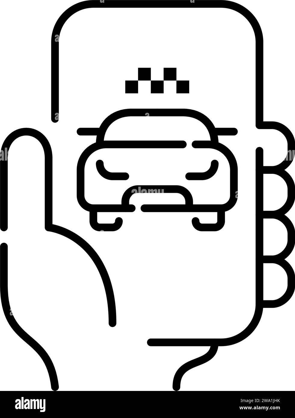 Application cabine Taxi avec panneau à damier sur le dessus. Téléphone intelligent tenant la main. Icône Pixel Perfect Illustration de Vecteur