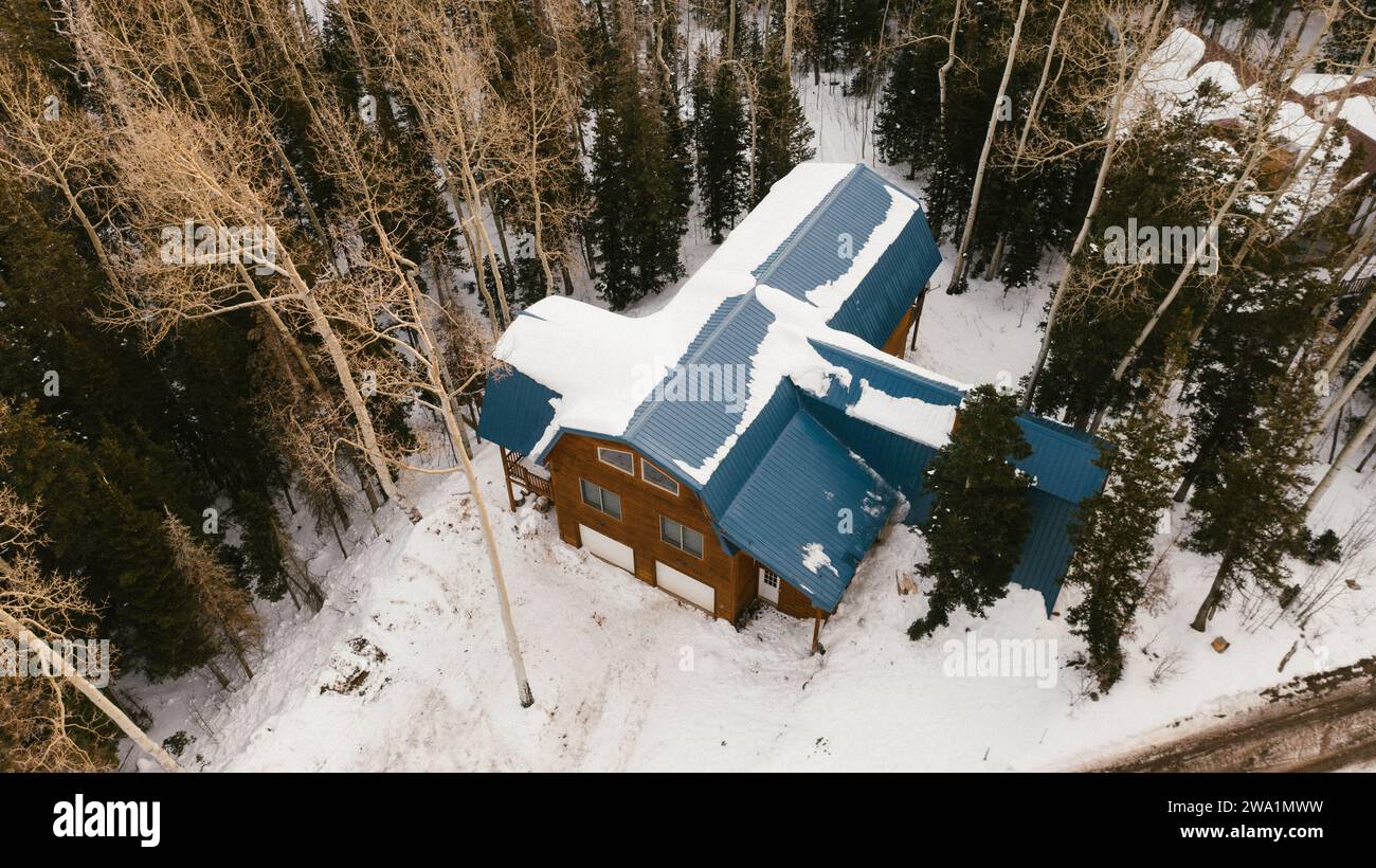 Vue d'oiseau de cabane en bois dans les montagnes entourées d'arbres Banque D'Images