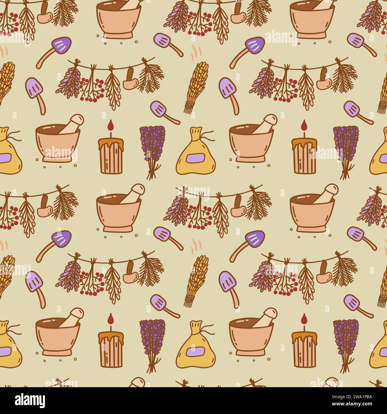 Motif sans couture. Bouquets d'herbes séchées avec champignon, bougie et sac, bol et pilon, salvia et lavande. Herborisme. Vecteur coloré doodle illust Illustration de Vecteur