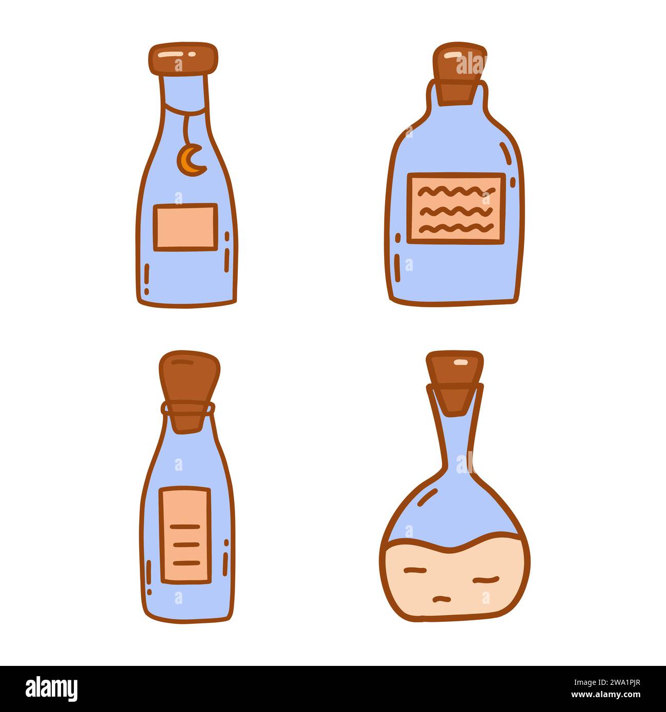 Ensemble de petites bouteilles bleues vintage avec liège, pots pour boissons, épices, potions. Vecteur coloré isolé illustration dessinée à la main doodle avec contour. L Illustration de Vecteur